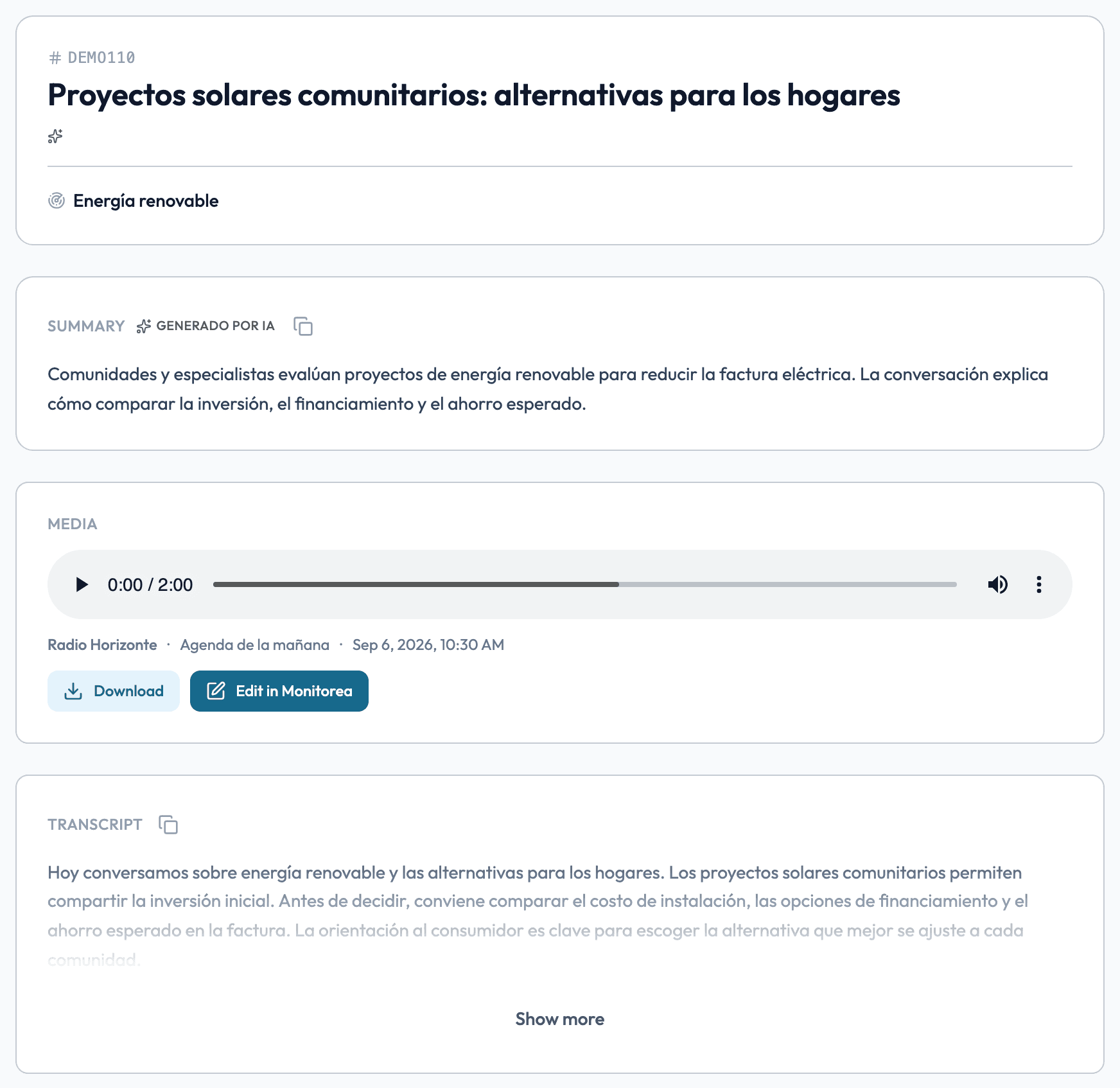 Shared clip with a playable recording, summary, source, and transcript
