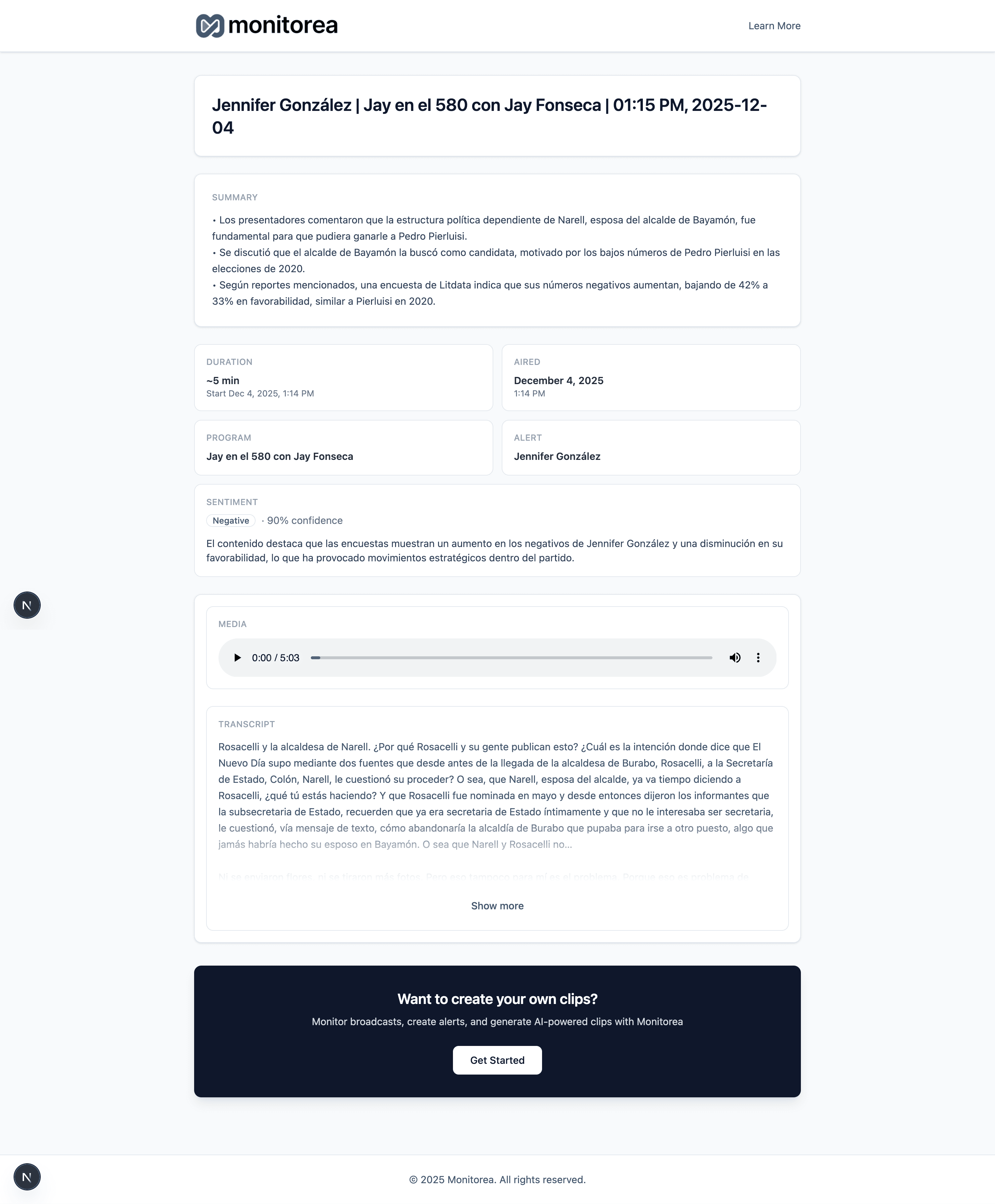 Shareable clip page in Monitorea